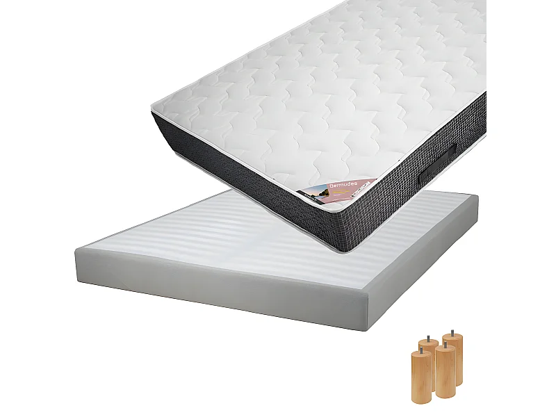 BERMUDES - Pack Matelas 160x200 + Sommier Tapissier Démontable 2x20 Lattes Lin + Pieds Bois 15cm