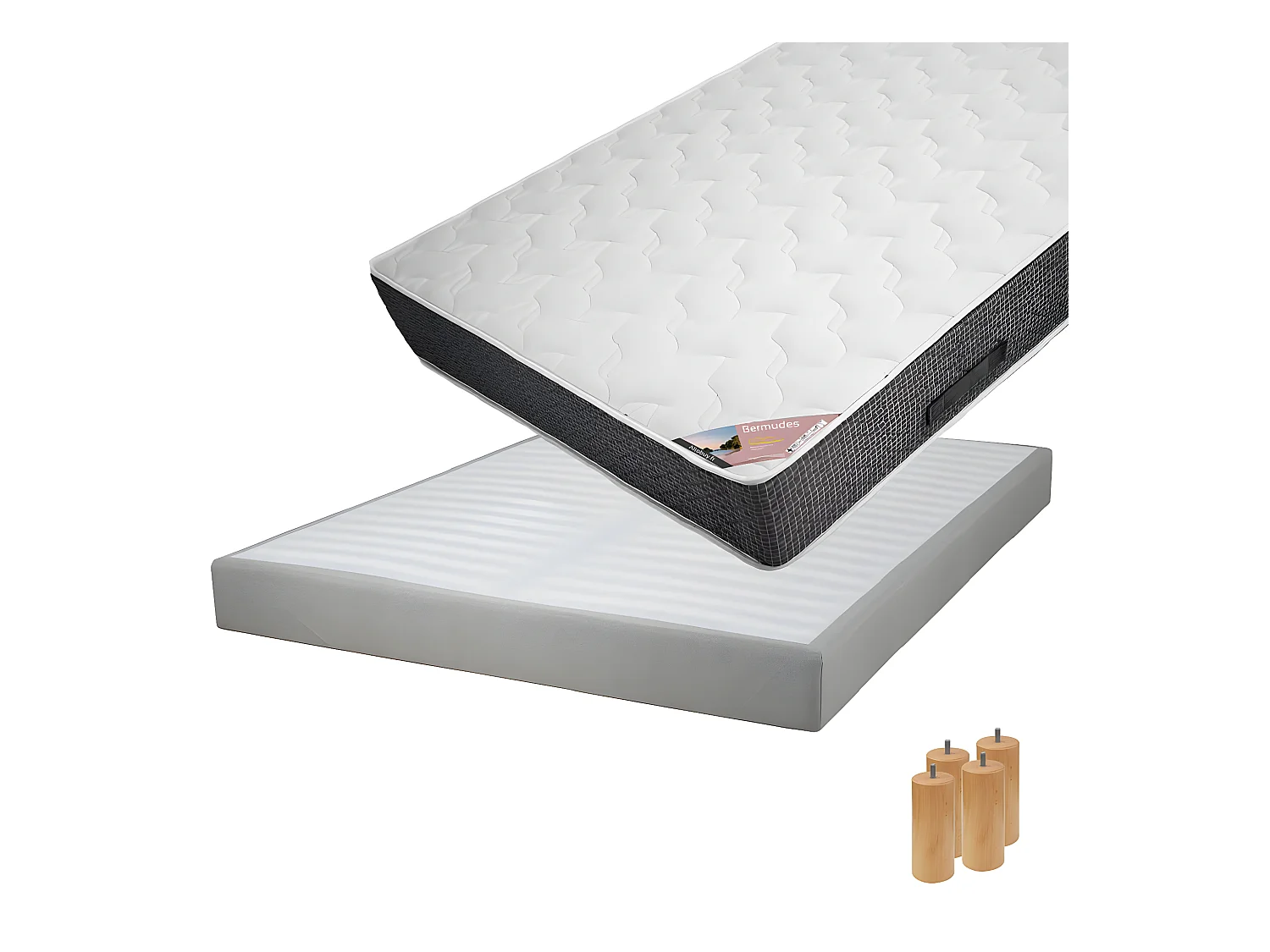 BERMUDES - Pack Matelas 160x200 + Sommier Tapissier Démontable 2x20 Lattes Lin + Pieds Bois 15cm