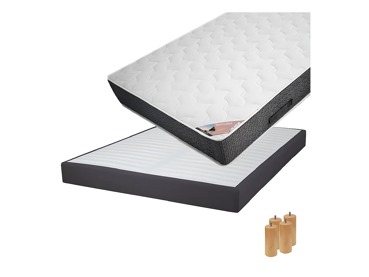 BERMUDES - Pack Matelas 140x190 + Sommier Tapissier Démontable 2x20 Lattes Anthracites + Pieds Bois 15cm