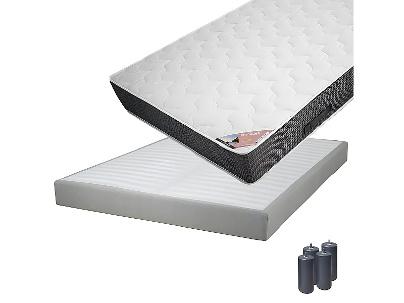 BERMUDES - Pack Matelas 140x190 + Sommier Tapissier Démontable 2x20 Lattes Lin + Pieds Anthracites 15cm