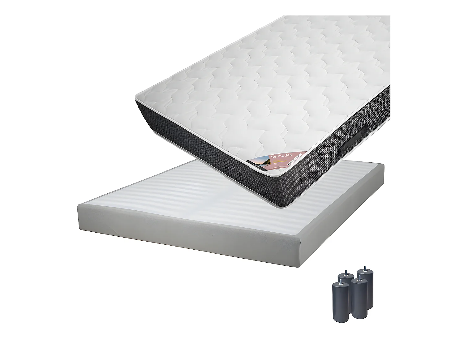 BERMUDES - Pack Matelas 140x190 + Sommier Tapissier Démontable 2x20 Lattes Lin + Pieds Anthracites 15cm
