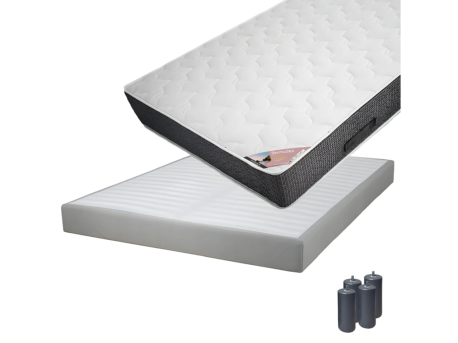 BERMUDES - Pack Matelas 140x190 + Sommier Tapissier Démontable 2x20 Lattes Lin + Pieds Anthracites 15cm