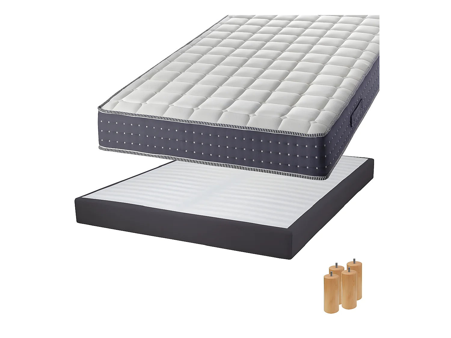SILHOUETTE - Pack Matelas 140x190 + Sommier Tapissier Démontable 2x20 Lattes Anthracites + Pieds Bois 15cm