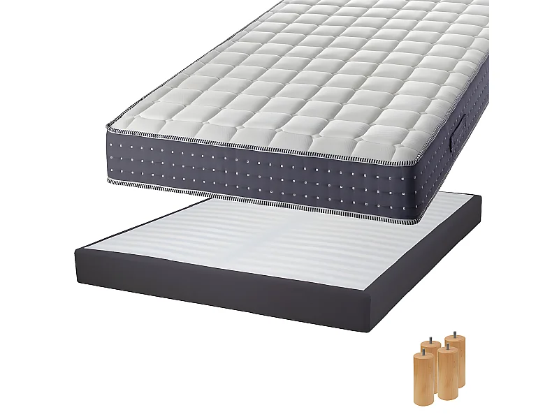 SILHOUETTE - Pack Matelas 140x190 + Sommier Tapissier Démontable 2x20 Lattes Anthracites + Pieds Bois 15cm