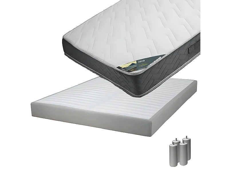 JAVA - Pack Matelas 140x190 + Sommier Tapissier Démontable 2x20 Lattes Lin + Pieds Argent 15cm