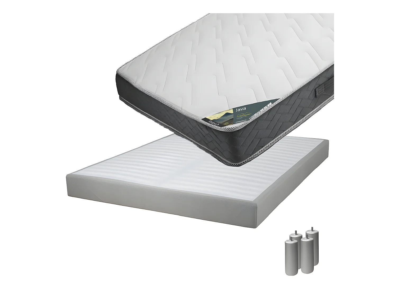 JAVA - Pack Matelas 140x190 + Sommier Tapissier Démontable 2x20 Lattes Lin + Pieds Argent 15cm