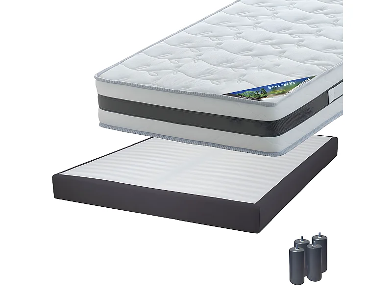 SEYCHELLES - Pack Matelas 140x190 + Sommier Tapissier Démontable 2x20 Lattes Anthracites + Pieds Anthracites 15cm
