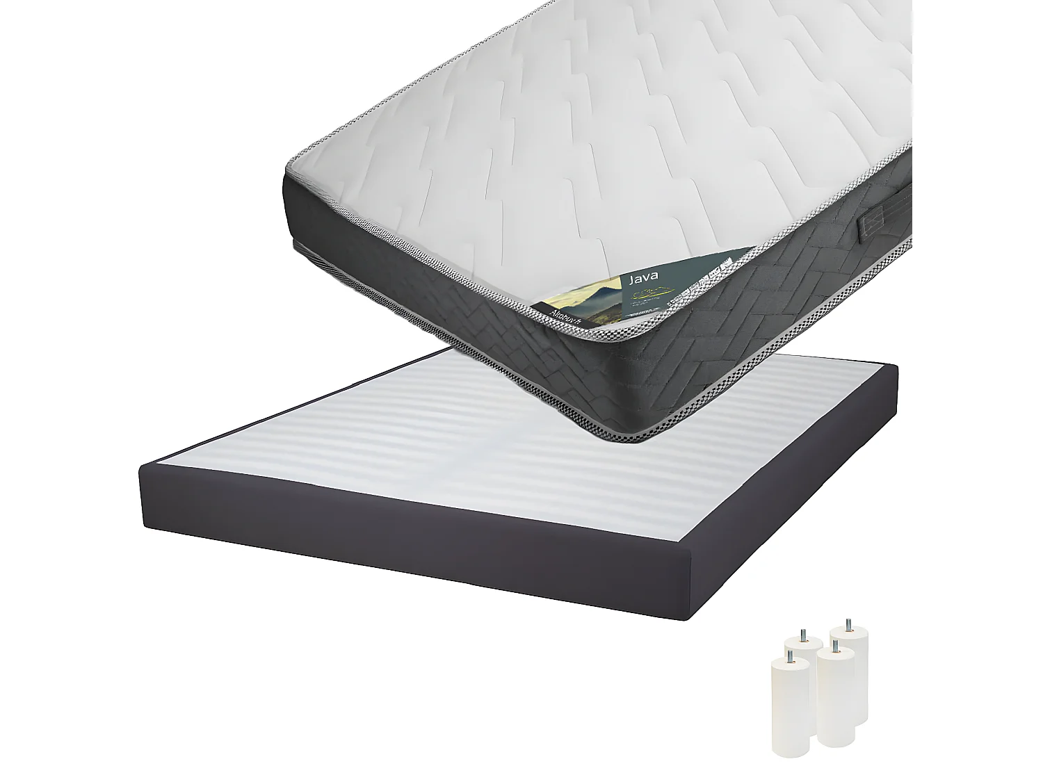 JAVA - Pack Matelas 140x190 + Sommier Tapissier Démontable 2x20 Lattes Anthracites + Pieds Blancs 15cm