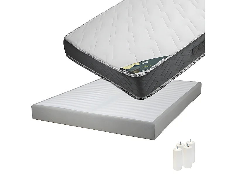 JAVA - Pack Matelas 160x200 + Sommier Tapissier Démontable 2x20 Lattes Lin + Pieds Blancs 15cm