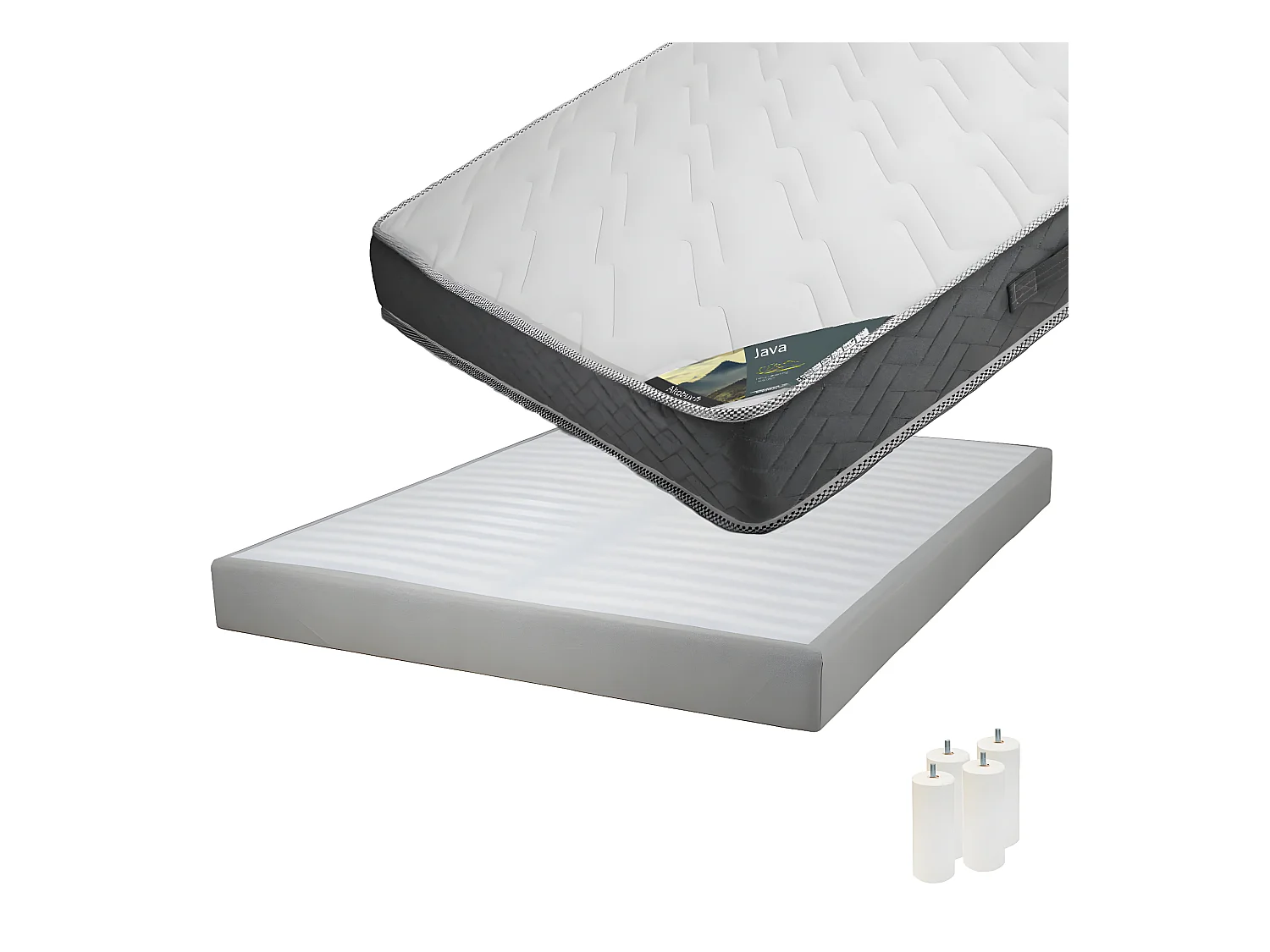 JAVA - Pack Matelas 160x200 + Sommier Tapissier Démontable 2x20 Lattes Lin + Pieds Blancs 15cm