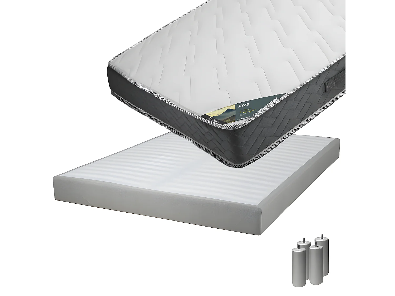JAVA - Pack Matelas 160x200 + Sommier Tapissier Démontable 2x20 Lattes Lin + Pieds Argent 15cm