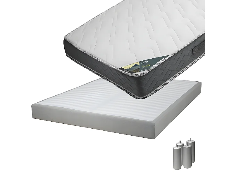 JAVA - Pack Matelas 160x200 + Sommier Tapissier Démontable 2x20 Lattes Lin + Pieds Argent 15cm