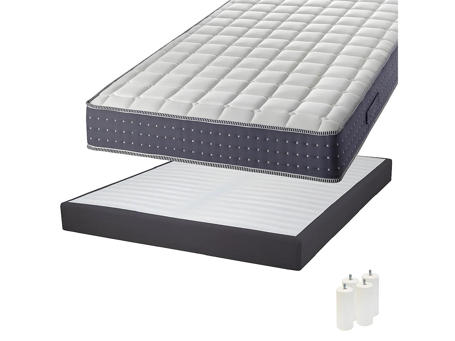 SILHOUETTE - Pack Matelas 140x190 + Sommier Tapissier Démontable 2x20 Lattes Anthracites + Pieds Blancs 15cm