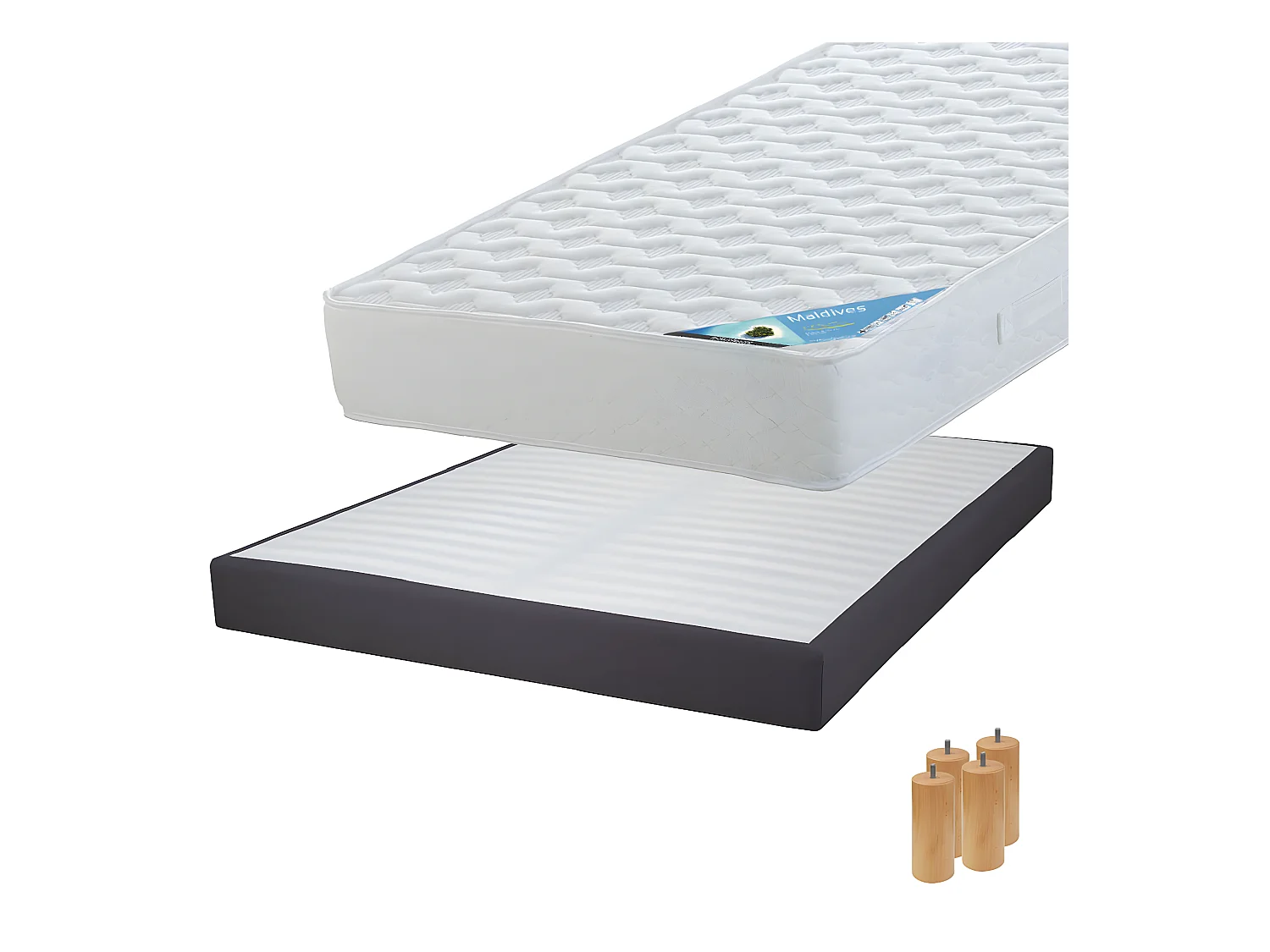 MALDIVES - Pack Matelas 140x190 + Sommier Tapissier Démontable 2x20 Lattes Anthracites + Pieds Bois 15cm