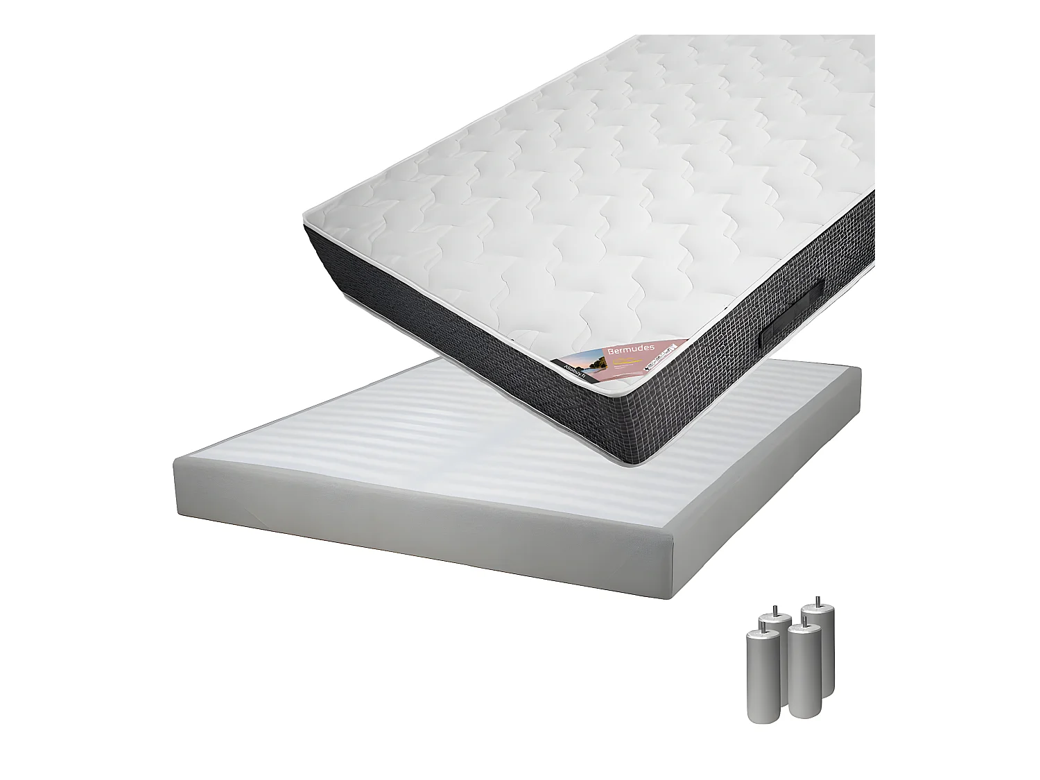 BERMUDES - Pack Matelas 160x200 + Sommier Tapissier Démontable 2x20 Lattes Lin + Pieds Argent 15cm