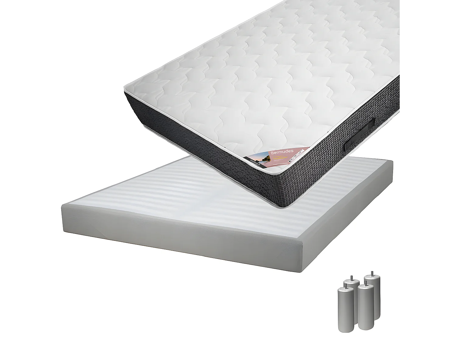 BERMUDES - Pack Matelas 160x200 + Sommier Tapissier Démontable 2x20 Lattes Lin + Pieds Argent 15cm