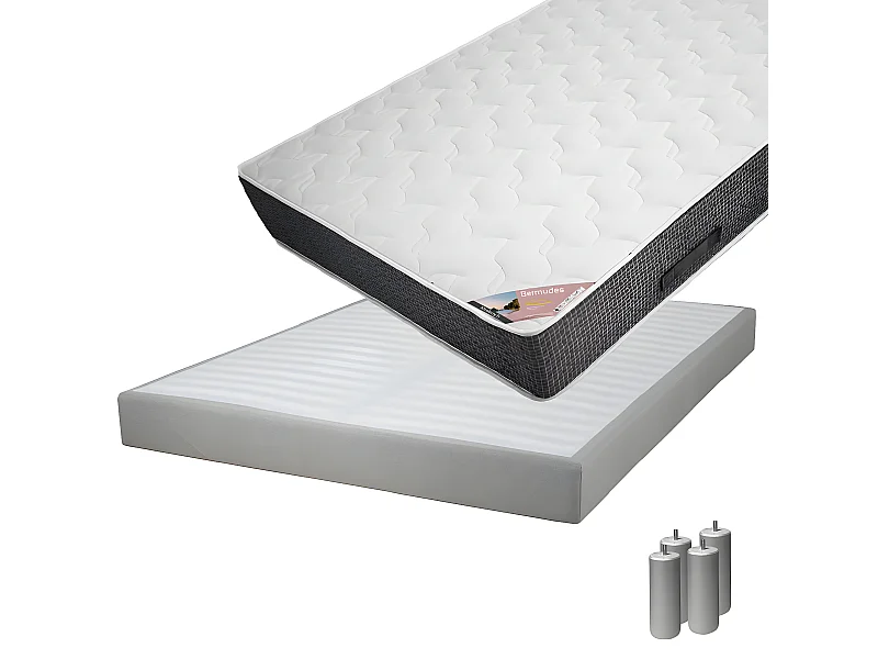 BERMUDES - Pack Matelas 160x200 + Sommier Tapissier Démontable 2x20 Lattes Lin + Pieds Argent 15cm