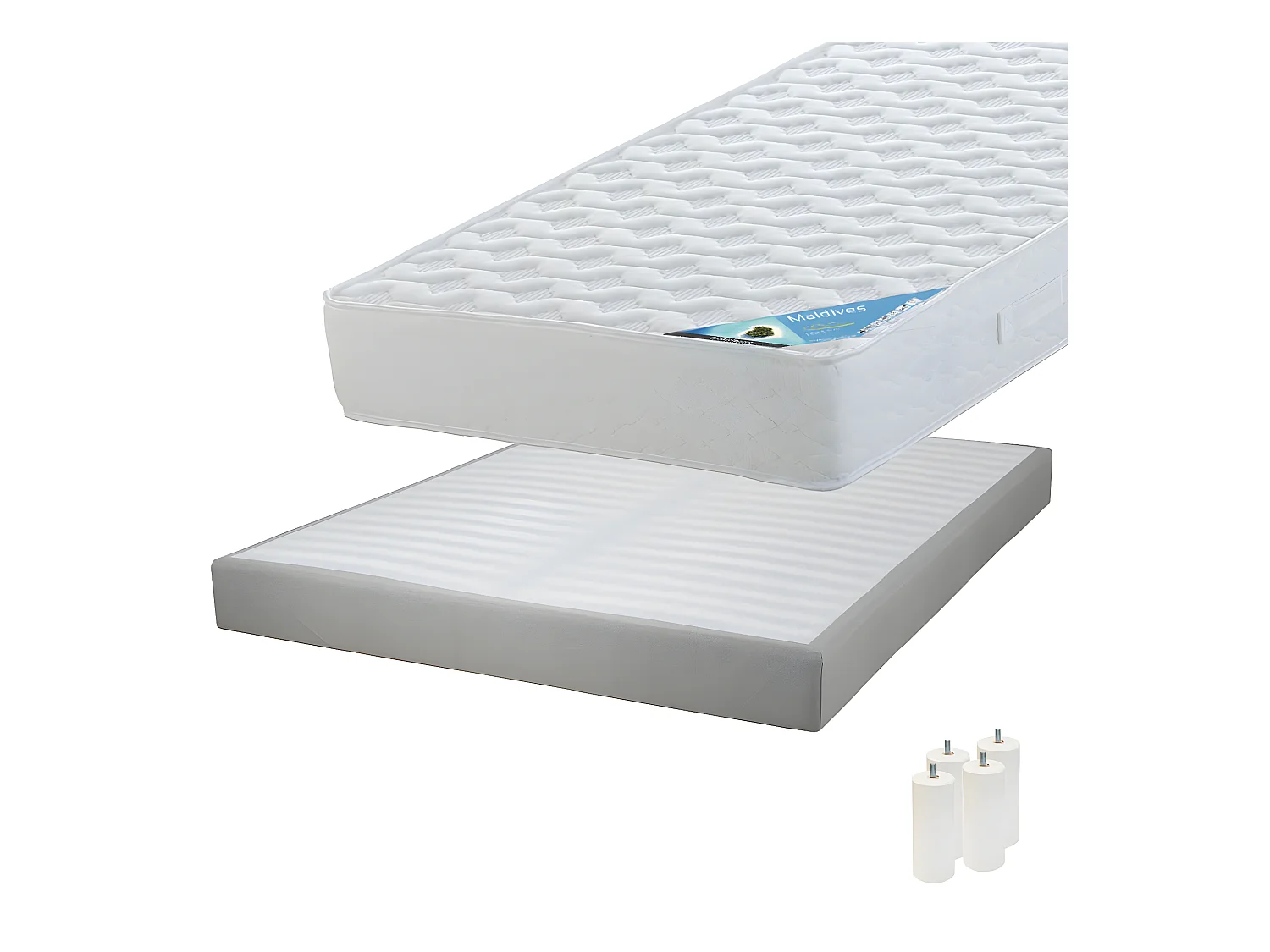 MALDIVES - Pack Matelas 140x190 + Sommier Tapissier Démontable 2x20 Lattes Lin + Pieds Blancs 15cm