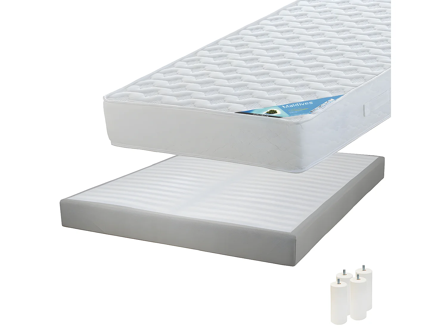 MALDIVES - Pack Matelas 140x190 + Sommier Tapissier Démontable 2x20 Lattes Lin + Pieds Blancs 15cm