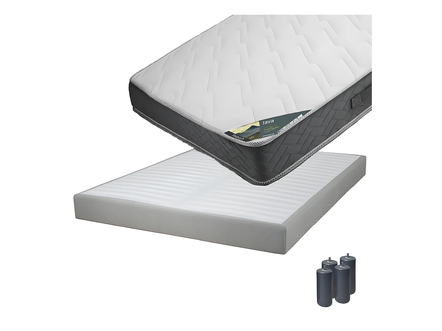 JAVA - Pack Matelas 140x190 + Sommier Tapissier Démontable 2x20 Lattes Lin + Pieds Anthracites 15cm
