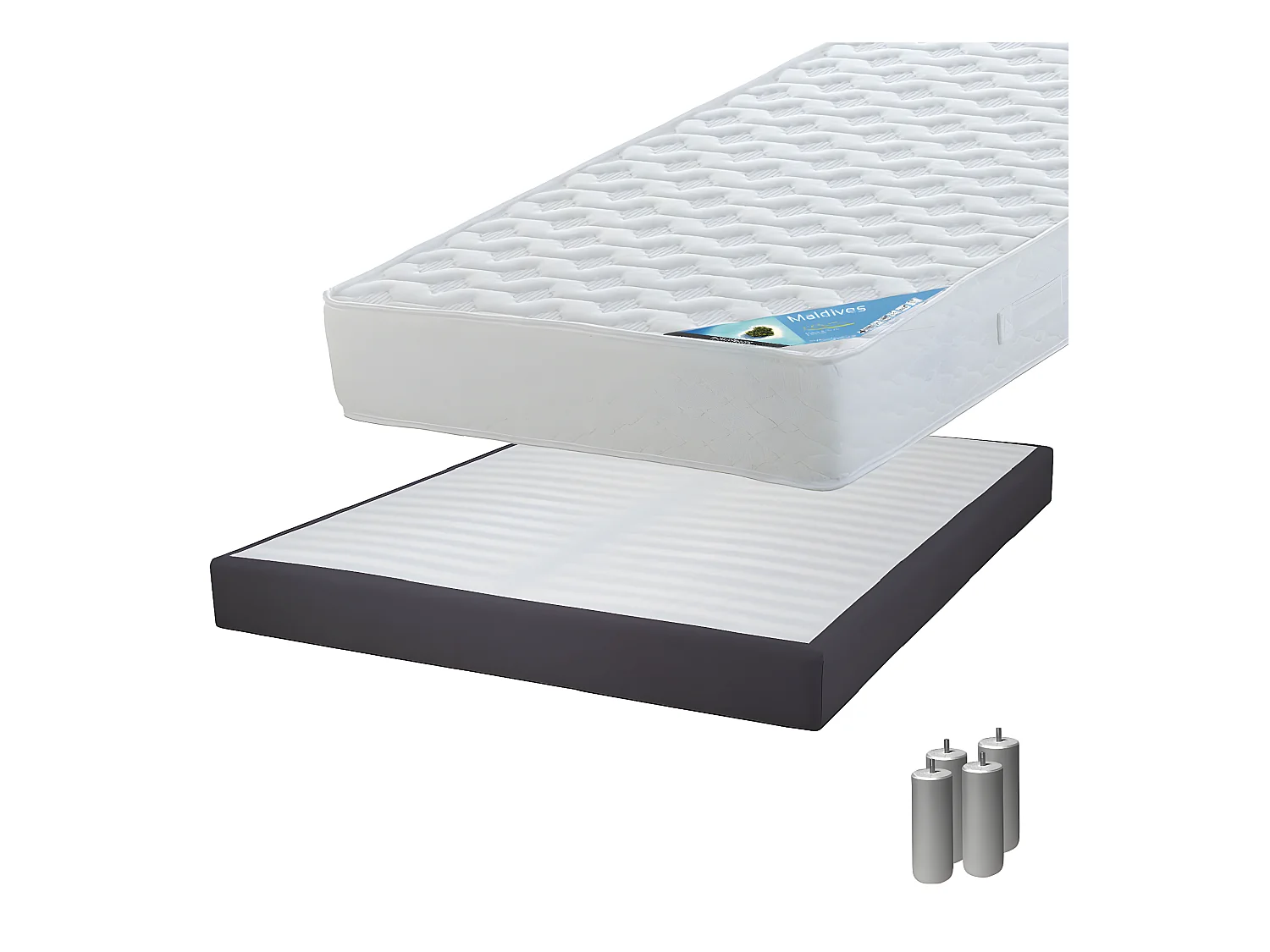MALDIVES - Pack Matelas 140x190 + Sommier Tapissier Démontable 2x20 Lattes Anthracites + Pieds Argent 15cm