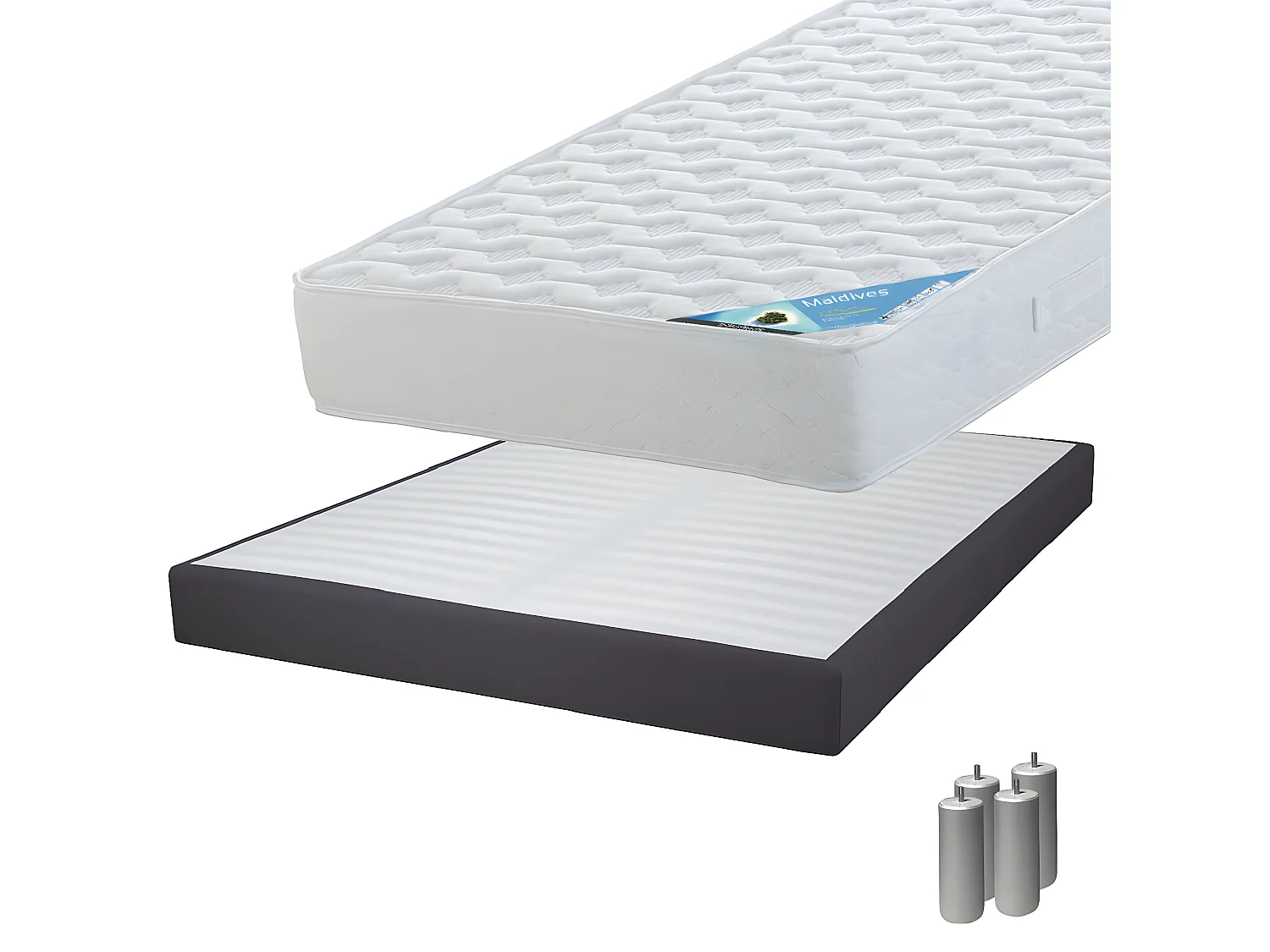 MALDIVES - Pack Matelas 140x190 + Sommier Tapissier Démontable 2x20 Lattes Anthracites + Pieds Argent 15cm