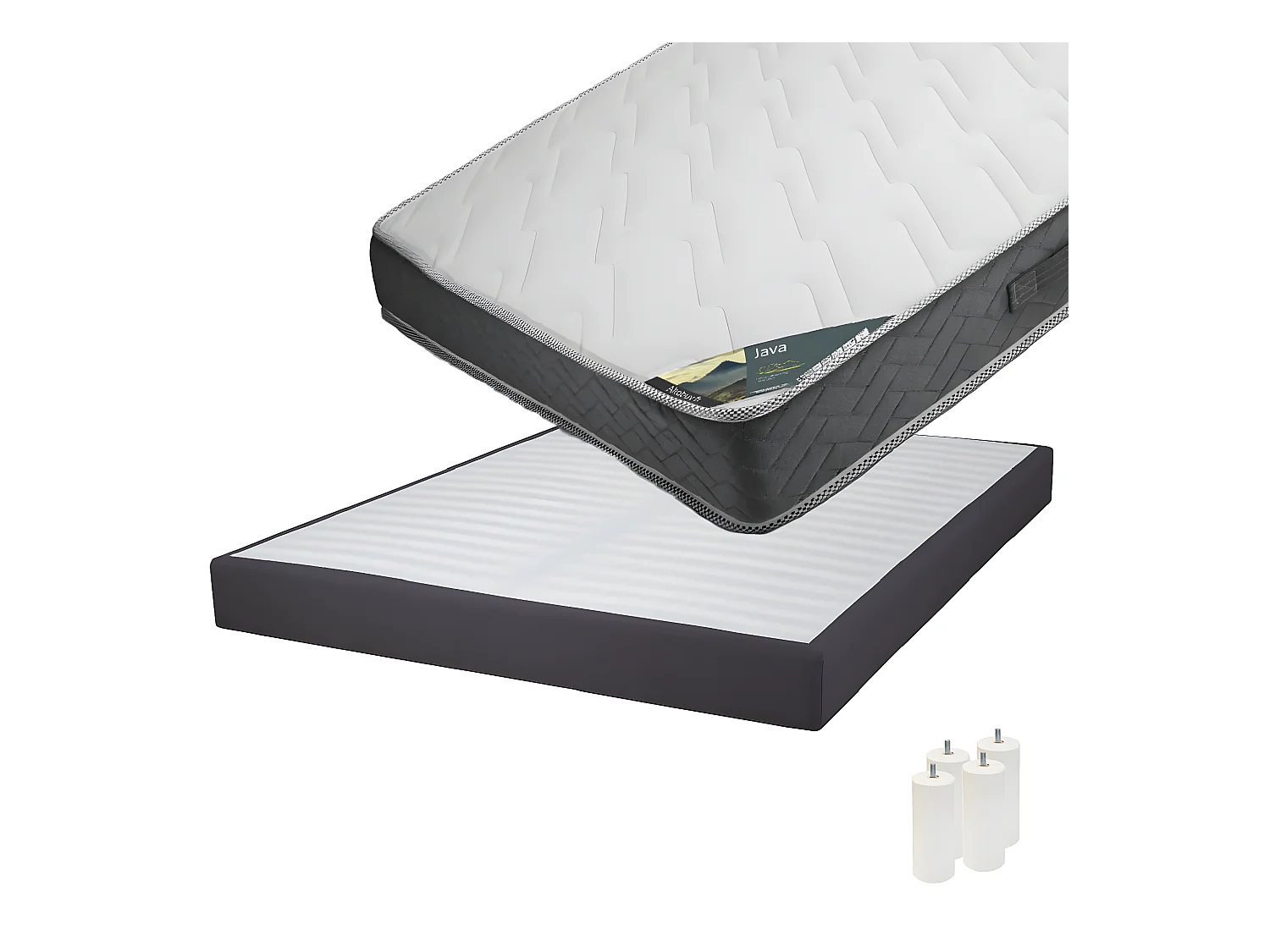 JAVA - Pack Matelas 160x200 + Sommier Tapissier Démontable 2x20 Lattes Anthracites + Pieds Blancs 15cm