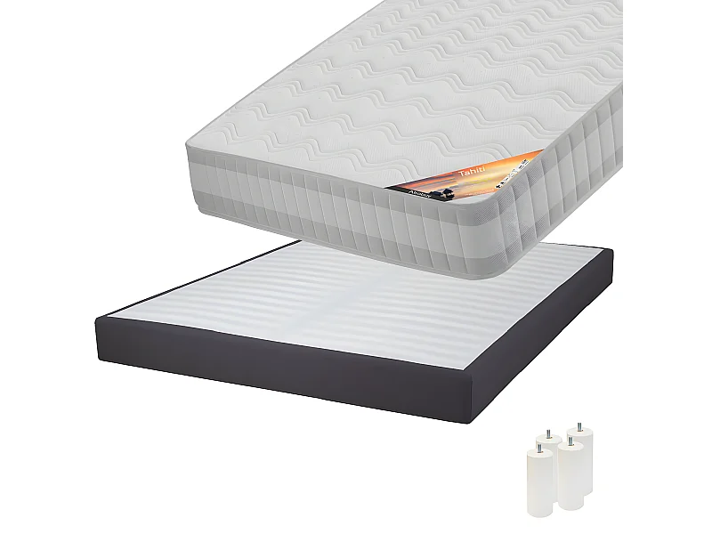 TAHITI - Pack Matelas 160x200 + Sommier Tapissier Démontable 2x20 Lattes Anthracites + Pieds Blancs 15cm