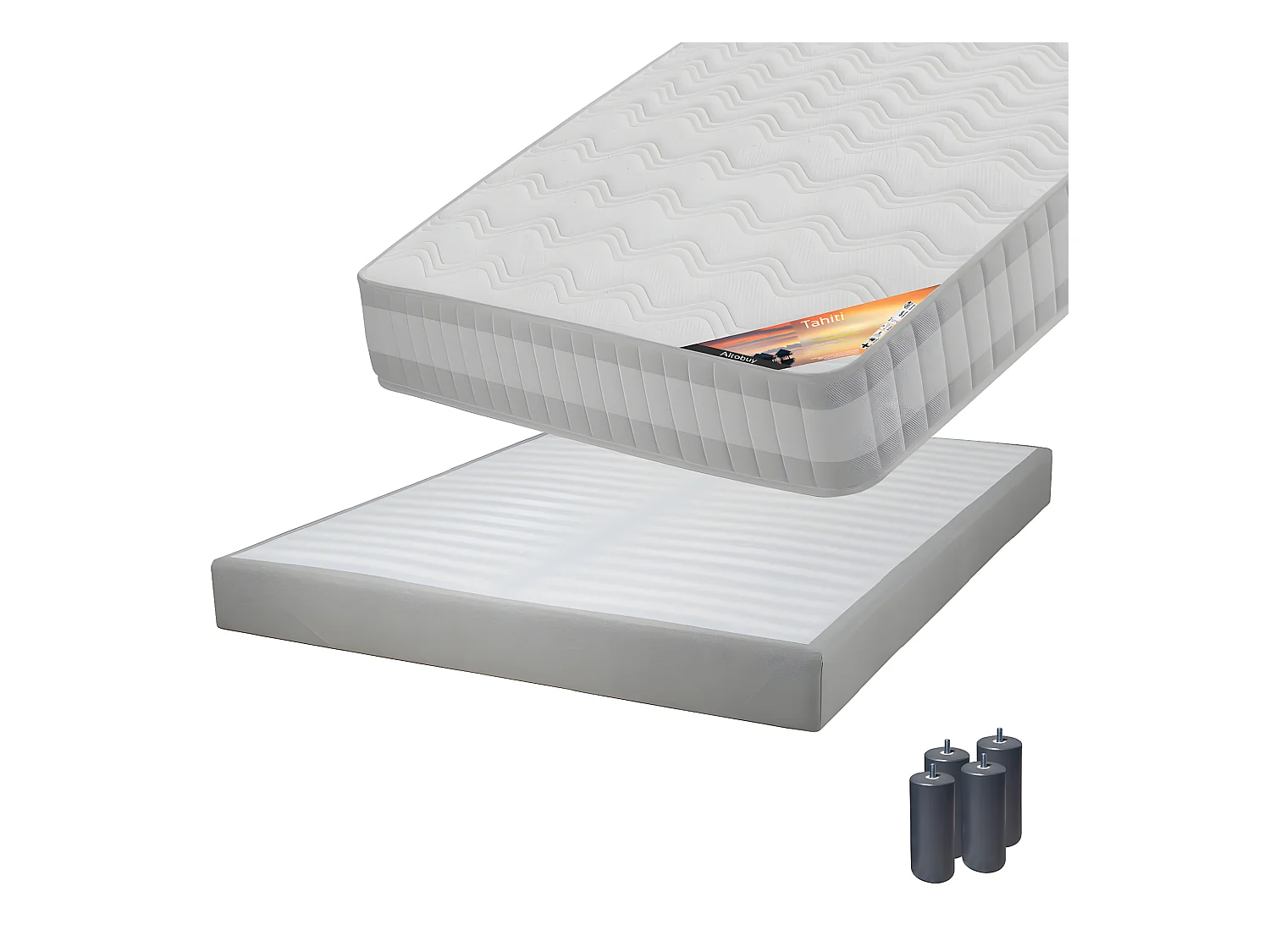 TAHITI - Pack Matelas 140x190 + Sommier Tapissier Démontable 2x20 Lattes Lin + Pieds Anthracites 15cm