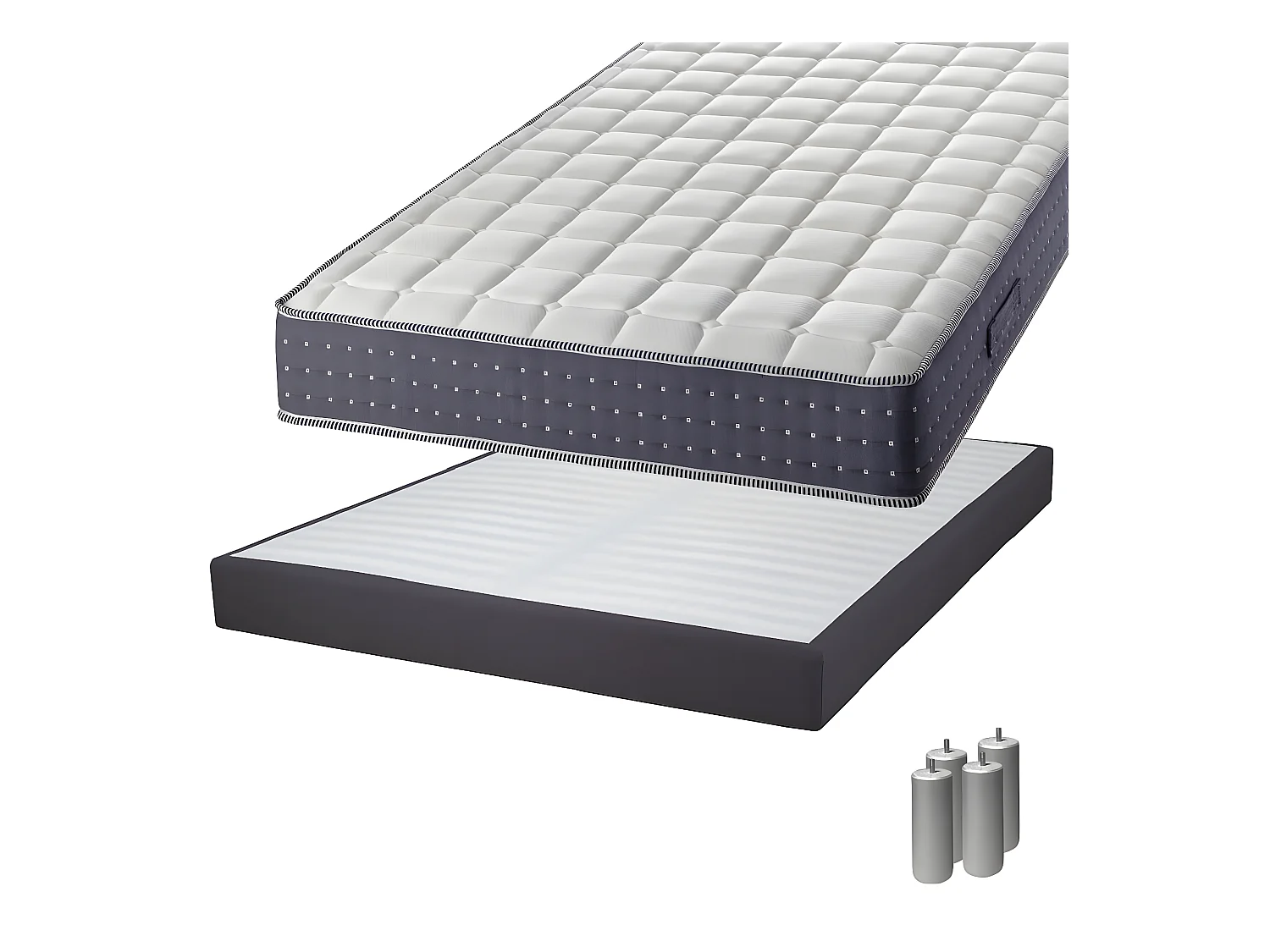 SILHOUETTE - Pack Matelas 160x200 + Sommier Tapissier Démontable 2x20 Lattes Anthracites + Pieds Argent 15cm