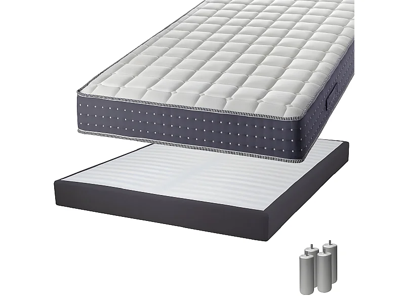 SILHOUETTE - Pack Matelas 160x200 + Sommier Tapissier Démontable 2x20 Lattes Anthracites + Pieds Argent 15cm
