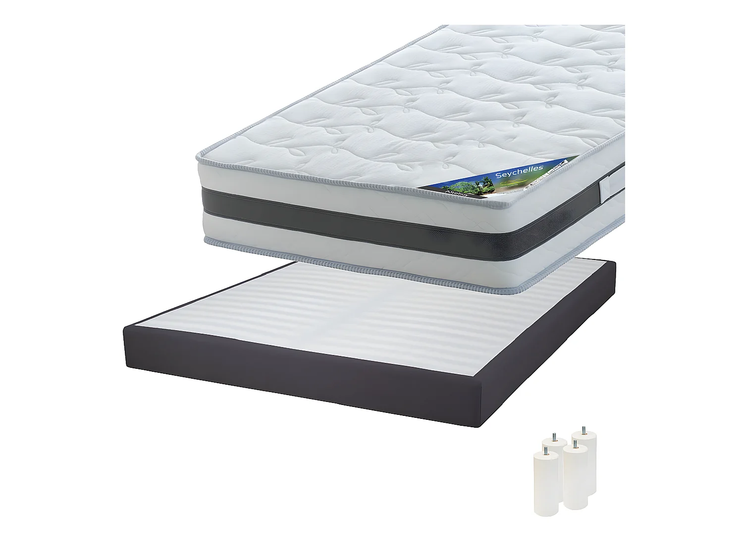 SEYCHELLES - Pack Matelas 140x190 + Sommier Tapissier Démontable 2x20 Lattes Anthracites + Pieds Blancs 15cm