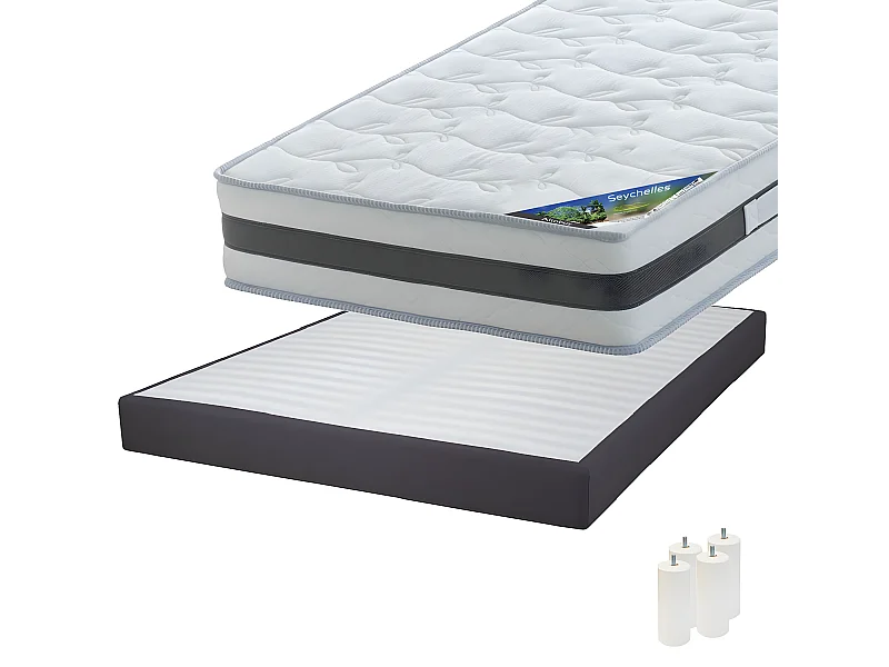 SEYCHELLES - Pack Matelas 140x190 + Sommier Tapissier Démontable 2x20 Lattes Anthracites + Pieds Blancs 15cm