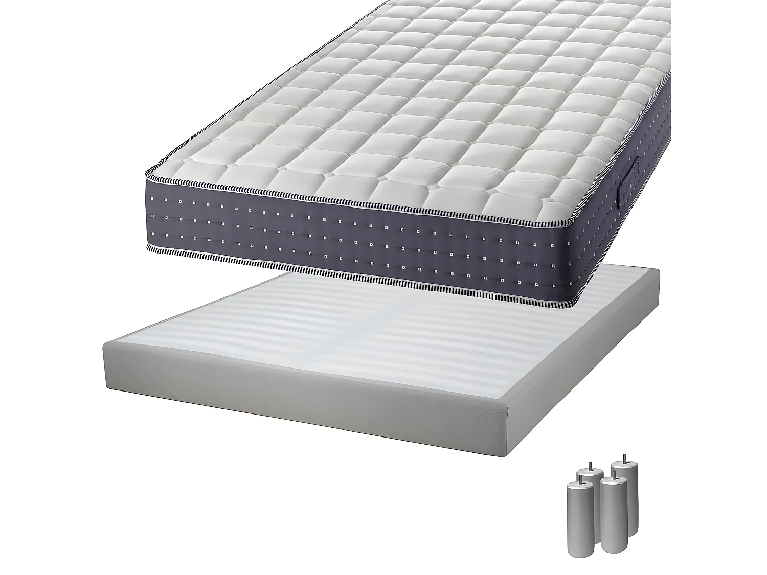 SILHOUETTE - Pack Matelas 140x190 + Sommier Tapissier Démontable 2x20 Lattes Lin + Pieds Argent 15cm