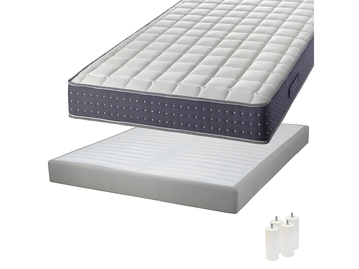 SILHOUETTE - Pack Matelas 160x200 + Sommier Tapissier Démontable 2x20 Lattes Lin + Pieds Blancs 15cm