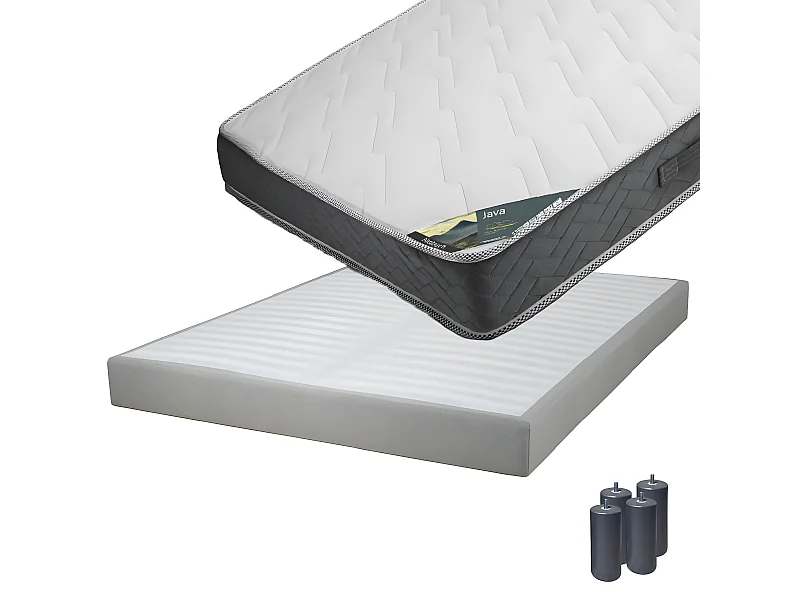 JAVA - Pack Matelas 160x200 + Sommier Tapissier Démontable 2x20 Lattes Lin + Pieds Anthracites 15cm