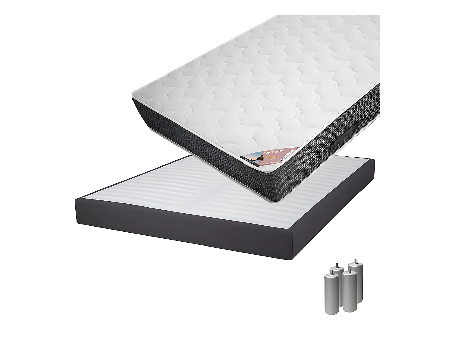BERMUDES - Pack Matelas 140x190 + Sommier Tapissier Démontable 2x20 Lattes Anthracites + Pieds Argent 15cm