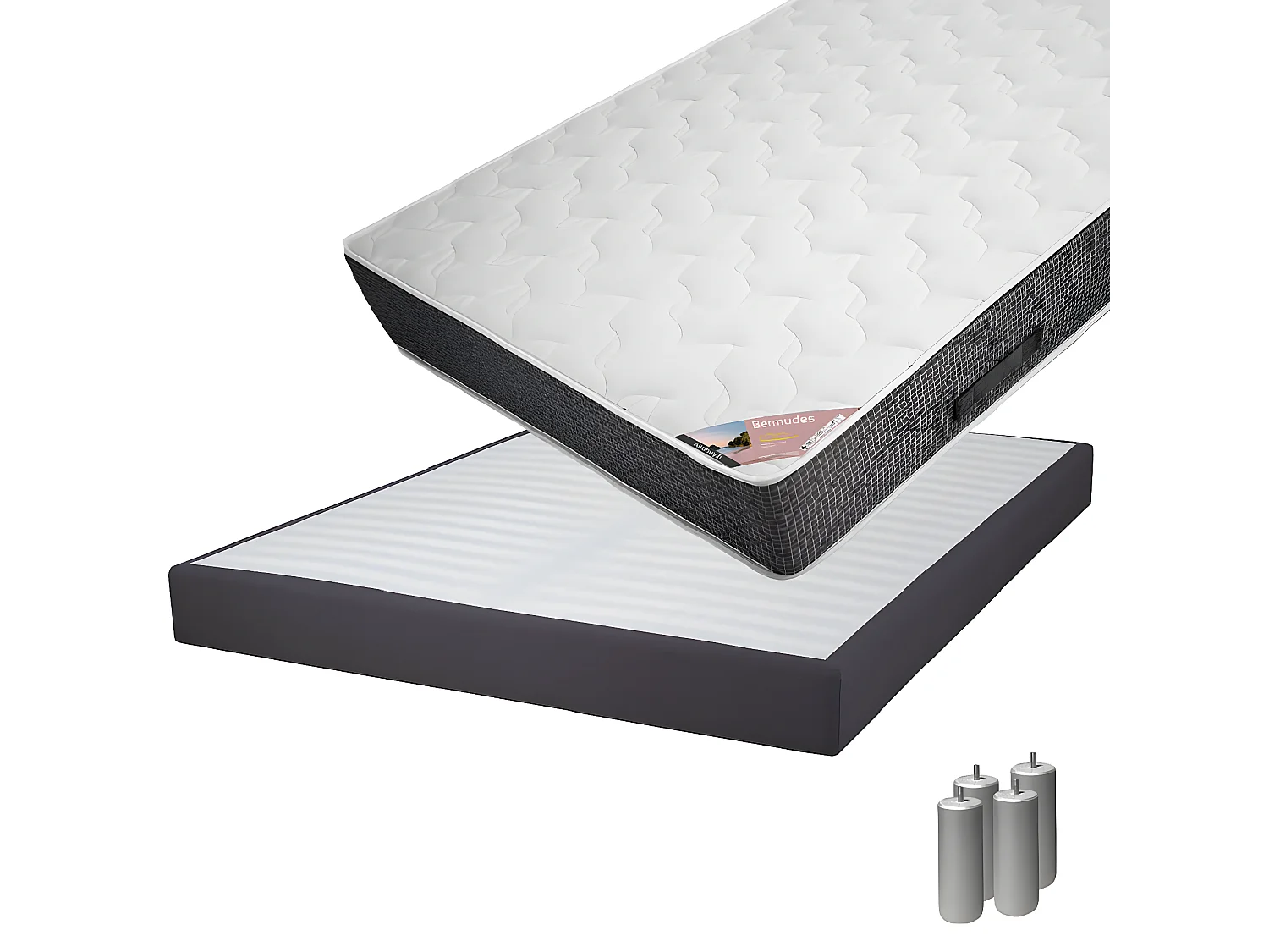 BERMUDES - Pack Matelas 140x190 + Sommier Tapissier Démontable 2x20 Lattes Anthracites + Pieds Argent 15cm