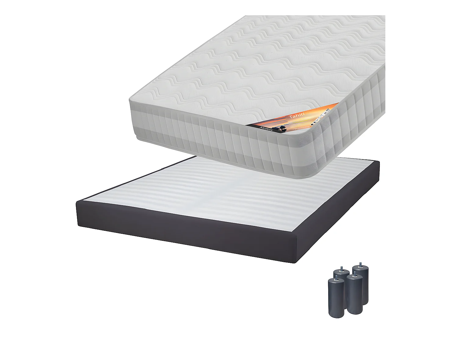 TAHITI - Pack Matelas 140x190 + Sommier Tapissier Démontable 2x20 Lattes Anthracites + Pieds Anthracites 15cm