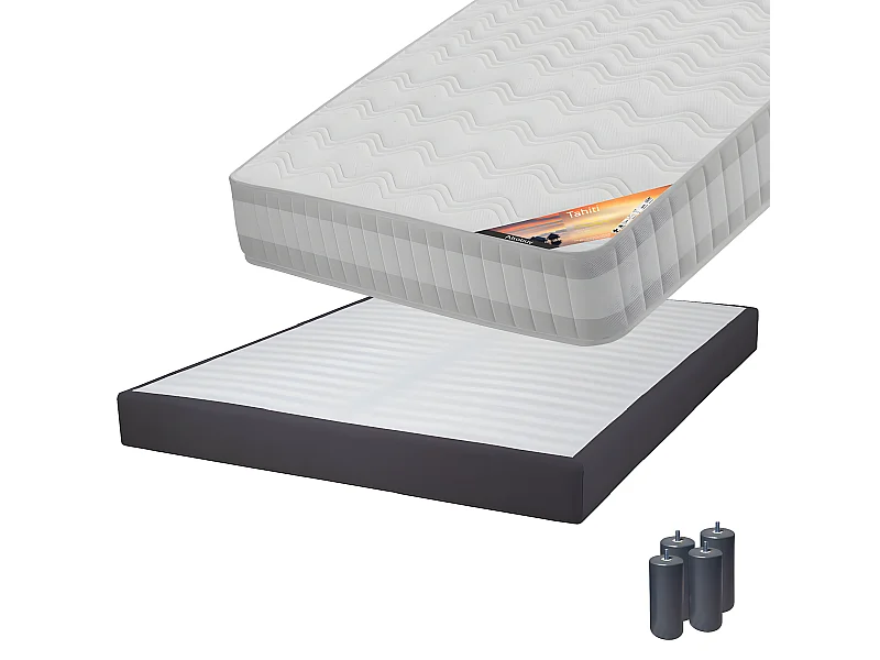 TAHITI - Pack Matelas 140x190 + Sommier Tapissier Démontable 2x20 Lattes Anthracites + Pieds Anthracites 15cm