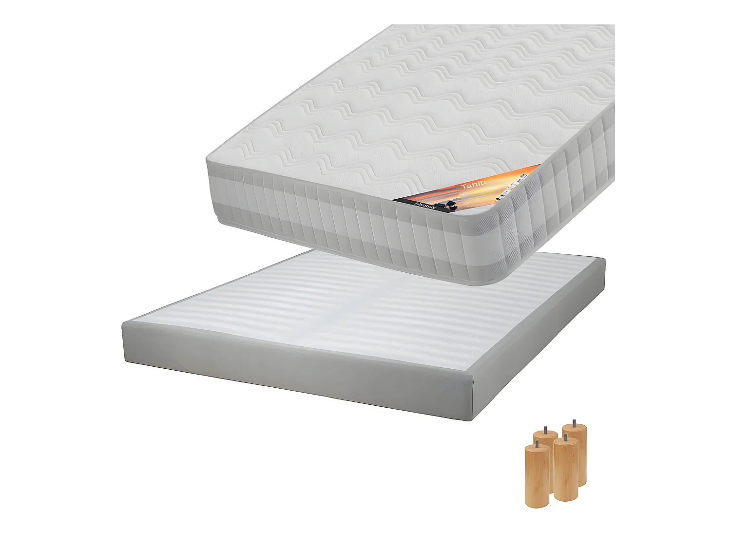 TAHITI - Pack Matelas 140x190 + Sommier Tapissier Démontable 2x20 Lattes Lin + Pieds Bois 15cm