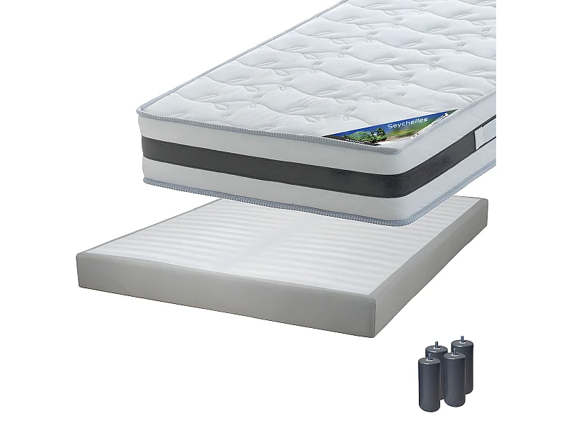 SEYCHELLES - Pack Matelas 160x200 + Sommier Tapissier Démontable 2x20 Lattes Lin + Pieds Anthracites 15cm