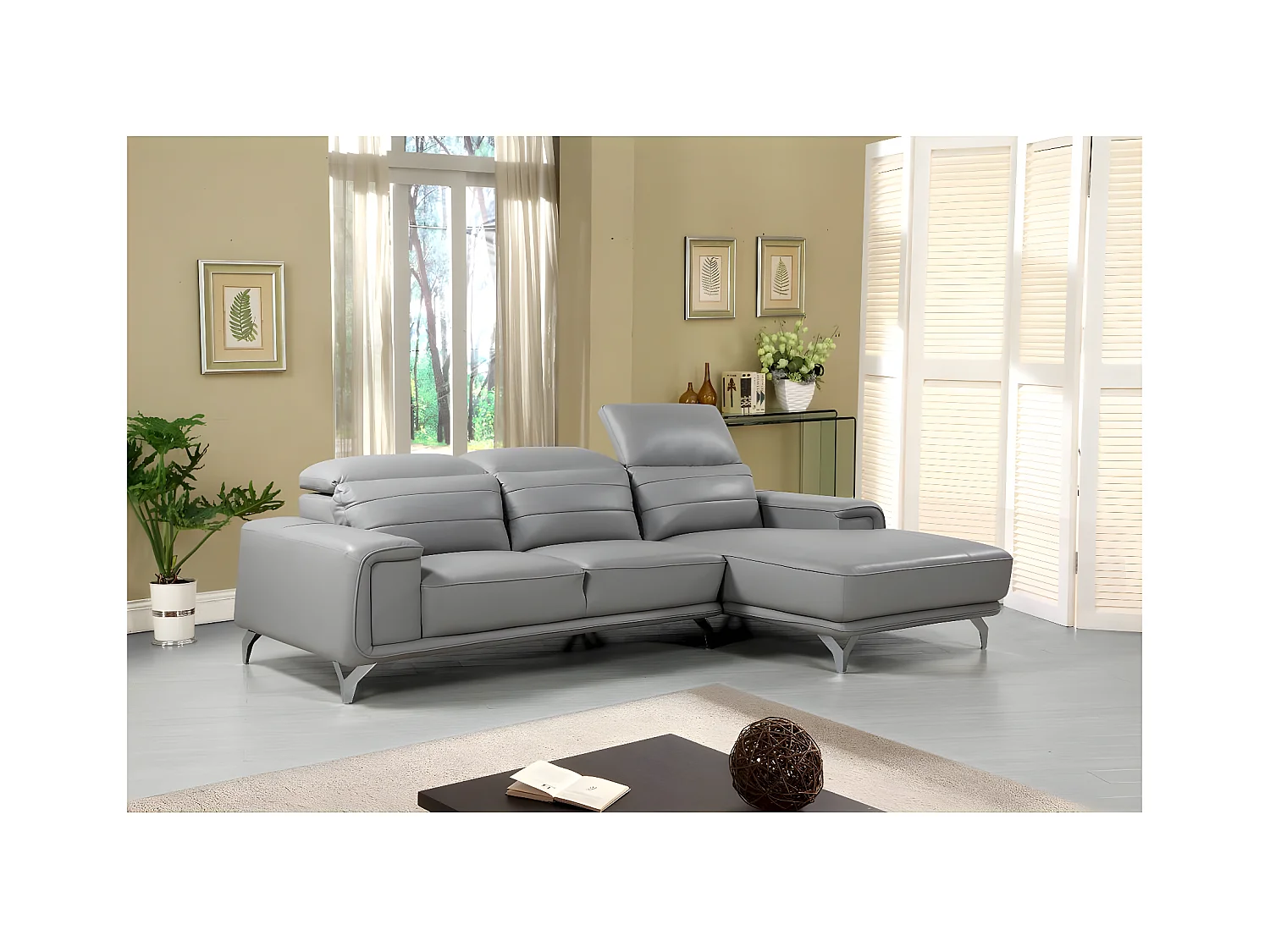 Sofá de canto em couro reconstituído e PVC "Leicester" - 4 lugares - Cinza claro - Canto esquerdo, design moderno e confortável