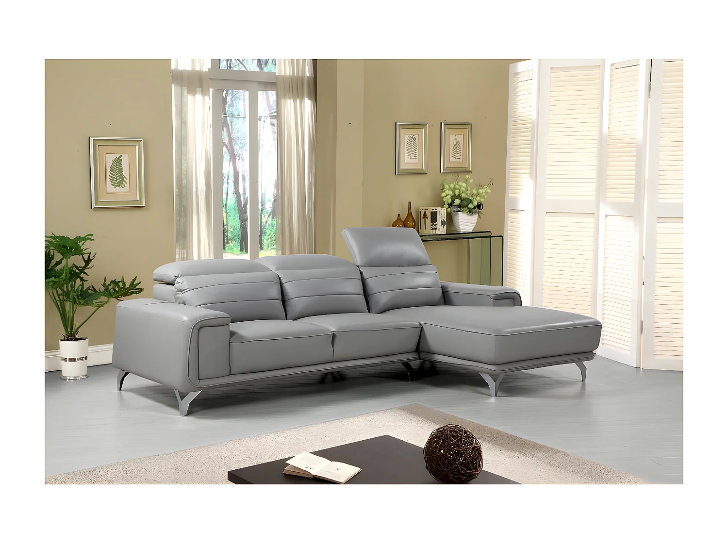 Canapé d'angle cuir reconstitué et PVC "Leicester" - 4 places - Gris clair - Angle gauche