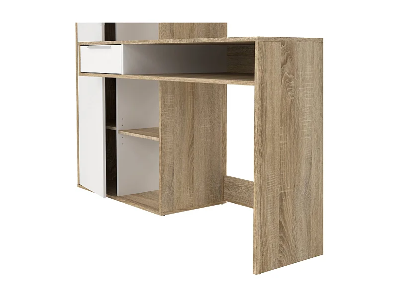 Bureau multifonction avec bibliothèque, tiroir et porte, coloris blanc et chêne, 162 x 155 x 60 cm
