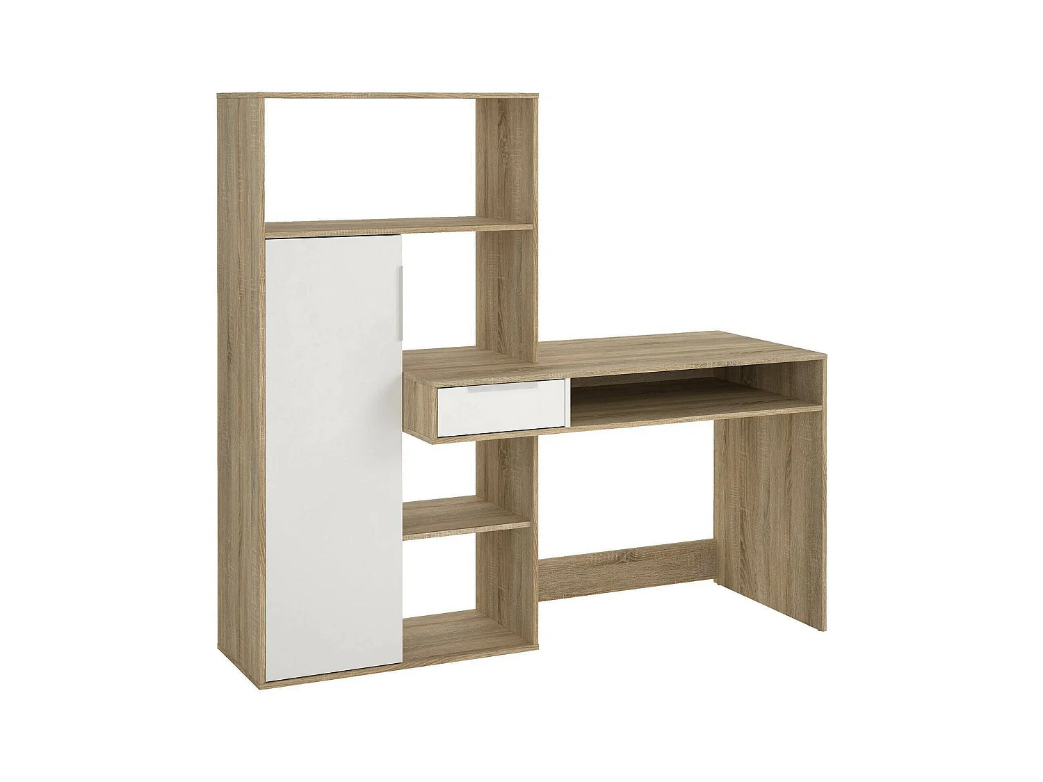 Multifunctioneel bureau met boekenkast, lade en deur, wit en eikenkleur, 162 x 155 x 60 cm