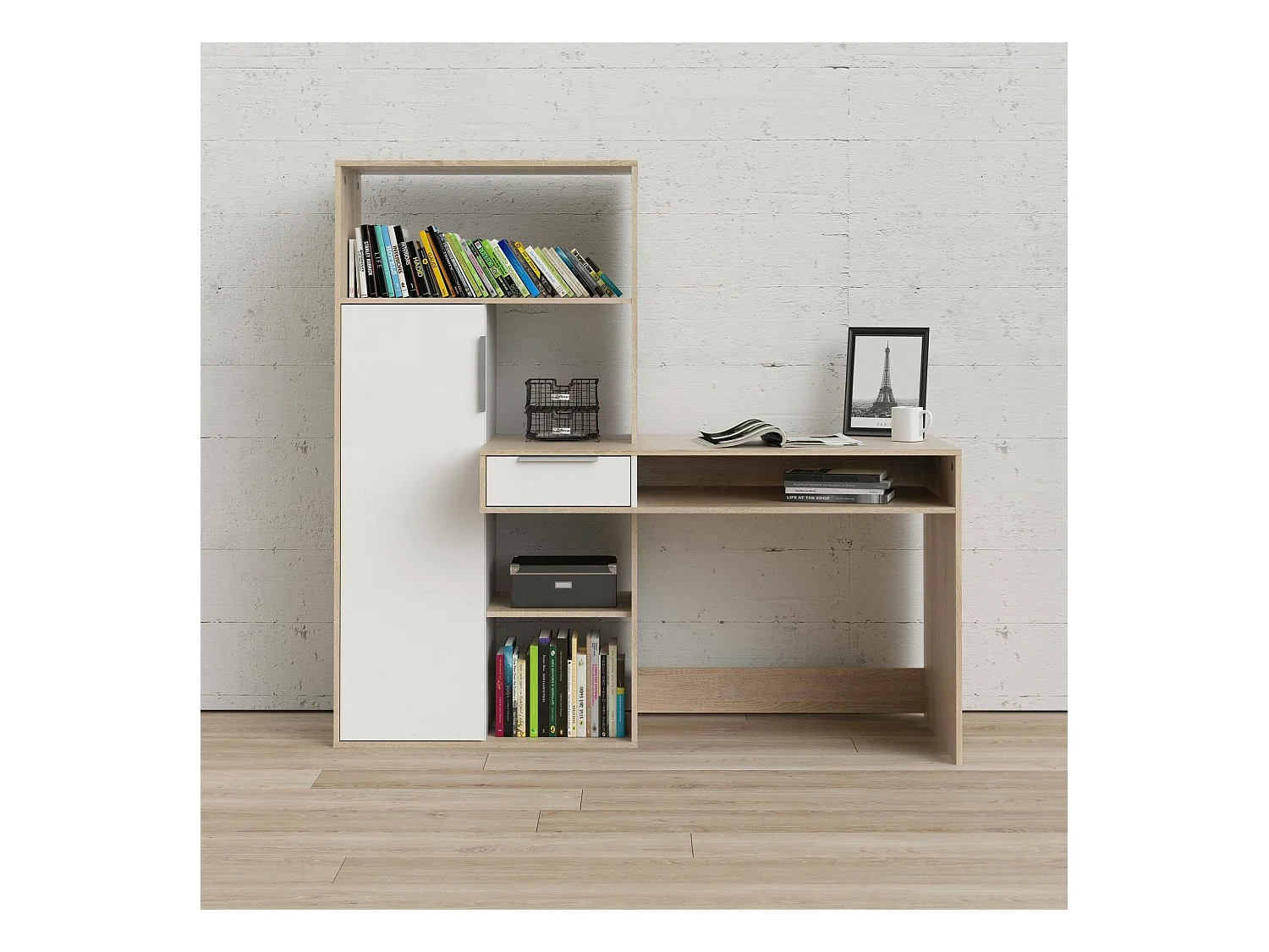 Multifunctioneel bureau met boekenkast, lade en deur, wit en eikenkleur, 162 x 155 x 60 cm