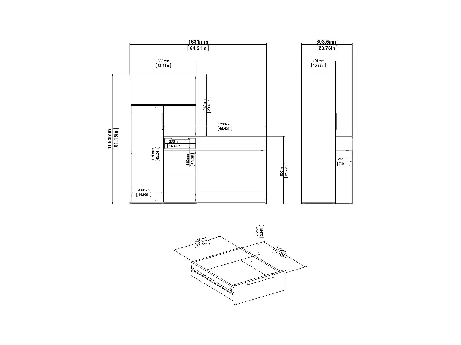 Multifunctioneel bureau met boekenkast, lade en deur, wit en eikenkleur, 162 x 155 x 60 cm