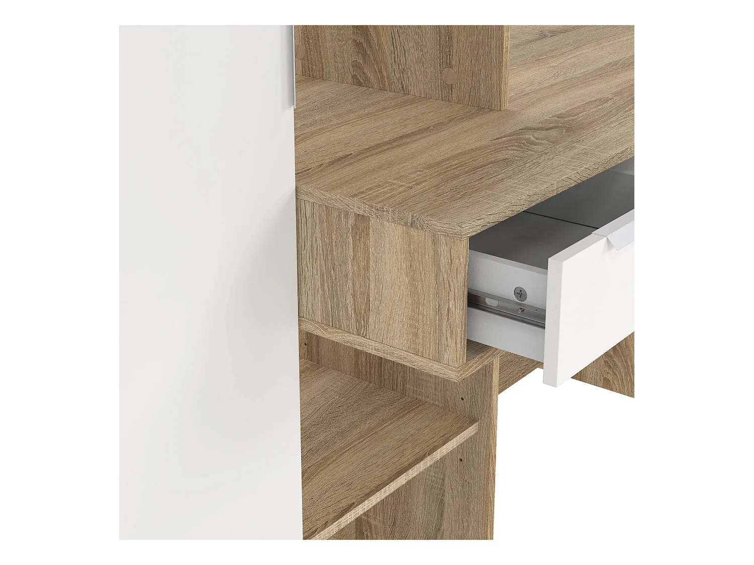 Multifunctioneel bureau met boekenkast, lade en deur, wit en eikenkleur, 162 x 155 x 60 cm