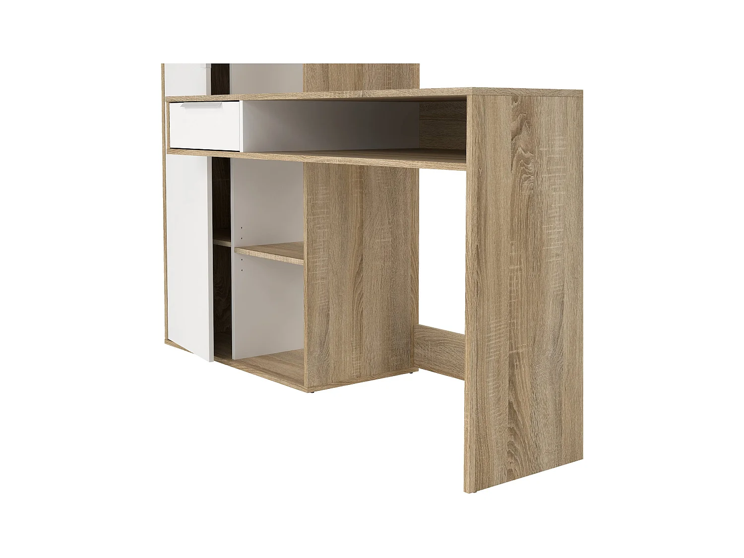 Multifunctioneel bureau met boekenkast, lade en deur, wit en eikenkleur, 162 x 155 x 60 cm